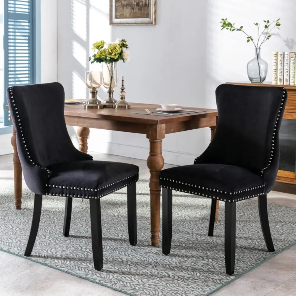 6x Velvet Upholstered Dining Chairs Tufted Wingback Side Chair with Studs Trim Solid Wood Legs for Kitchen - Furniture