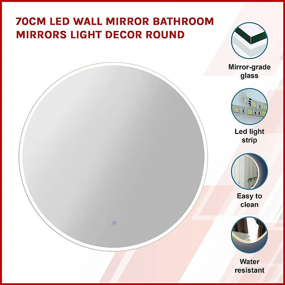 70cm LED Wall Mirror Bathroom Mirrors Light Decor Round - Home & Garden > Bathroom Accessories