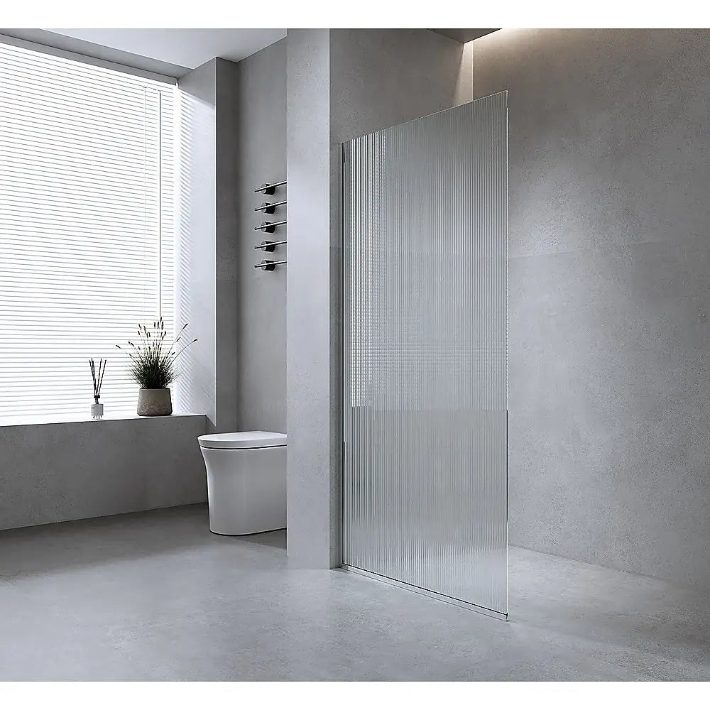 70cm Reeded Single Shower Glass Screen with White Wall Channel & Square Pole - Furniture > Bathroom > Shower Heads &