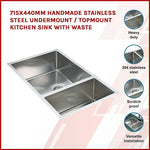 715x440mm Handmade Stainless Steel Undermount / Topmount Kitchen Sink with Waste - Furniture > Bathroom > Sinks