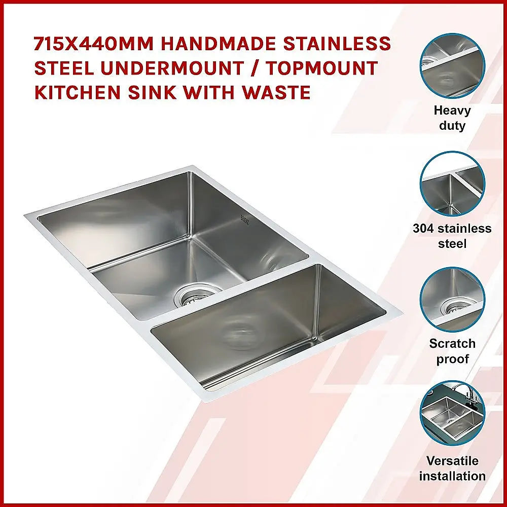 715x440mm Handmade Stainless Steel Undermount / Topmount Kitchen Sink with Waste - Furniture > Bathroom > Sinks