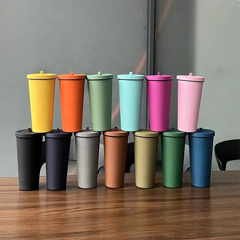 750ml Blue-green Straw Cup - 304 Stainless Steel Reusable BPA-Free Water Bottle with Leak-Proof Lid Large Capacity