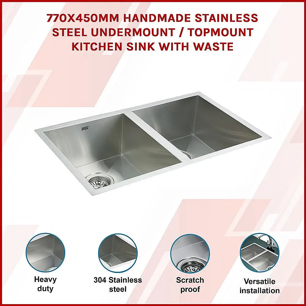 770x450mm Handmade Stainless Steel Undermount / Topmount Kitchen Sink with Waste - Furniture > Bathroom > Sinks