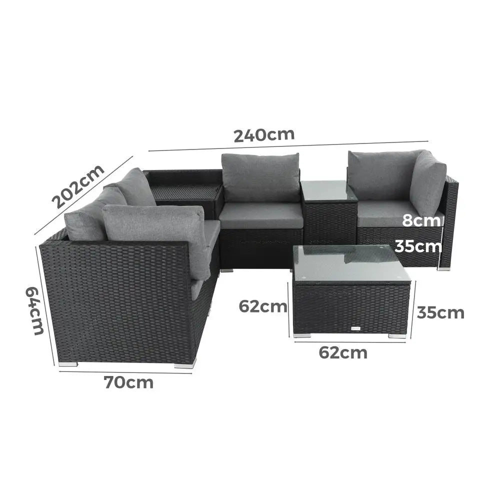 7PC Outdoor Wicker Loveseat Setting with Storage Corner (Black) - Furniture > Outdoor