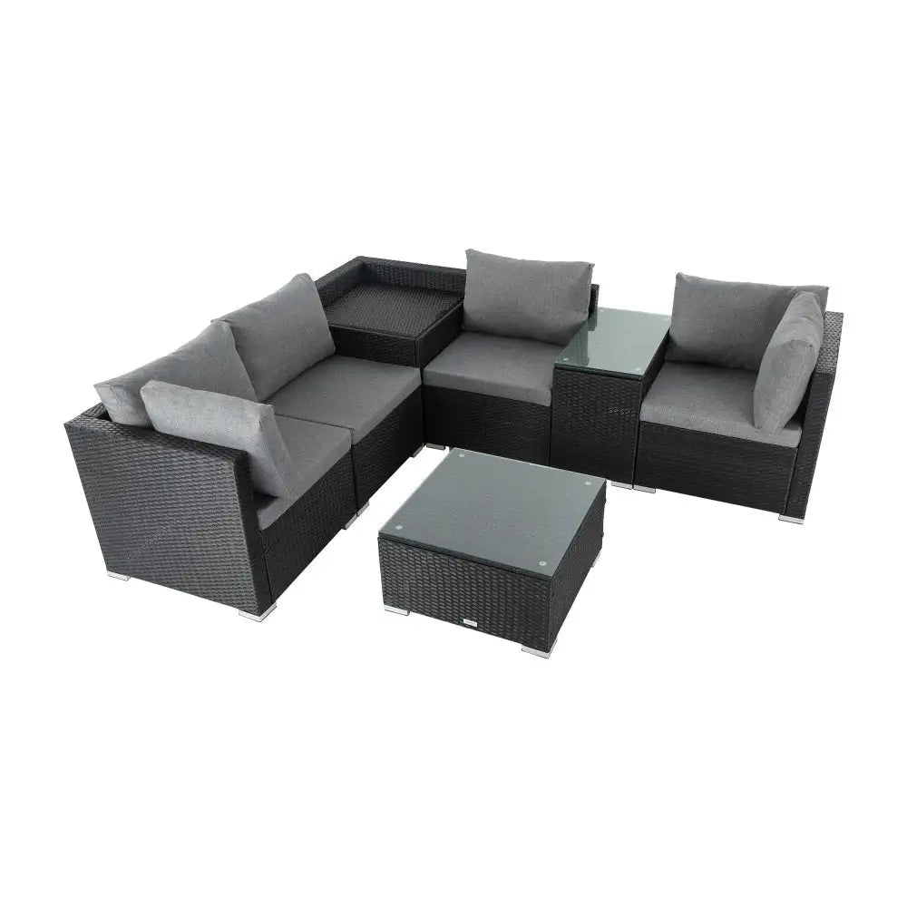 7PC Outdoor Wicker Loveseat Setting with Storage Corner (Black) - Furniture > Outdoor