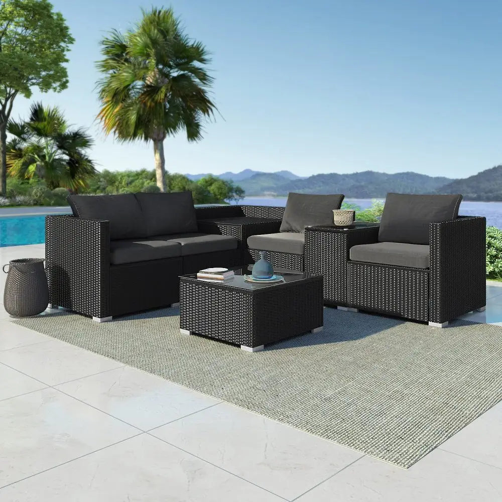 7PC Outdoor Wicker Loveseat Setting with Storage Corner (Black) - Furniture > Outdoor