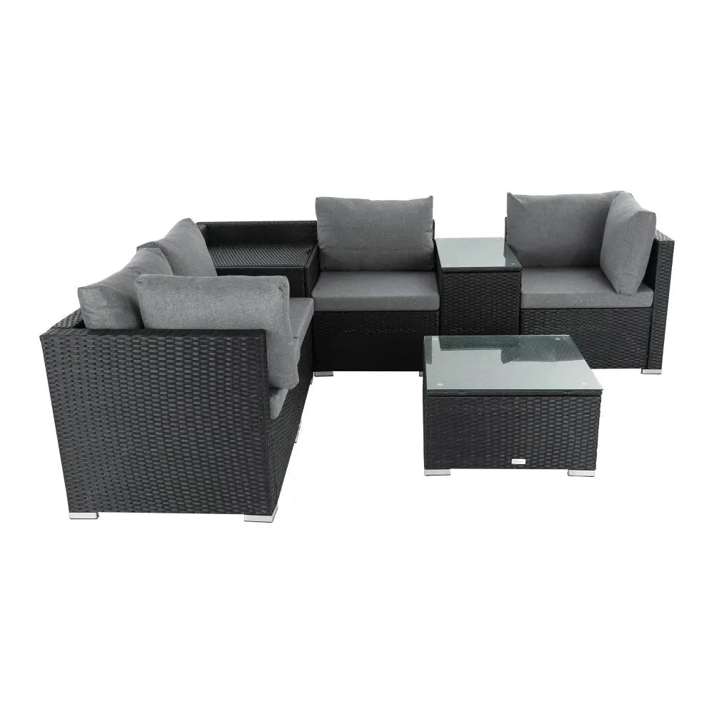 7PC Outdoor Wicker Loveseat Setting with Storage Corner (Black) - Furniture > Outdoor