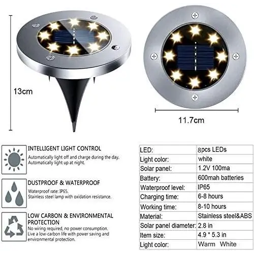 8 Pack LED Solar Pathway Lights Outdoor Solar Ground Lights (Warm White) - Home & Garden > Garden Lights