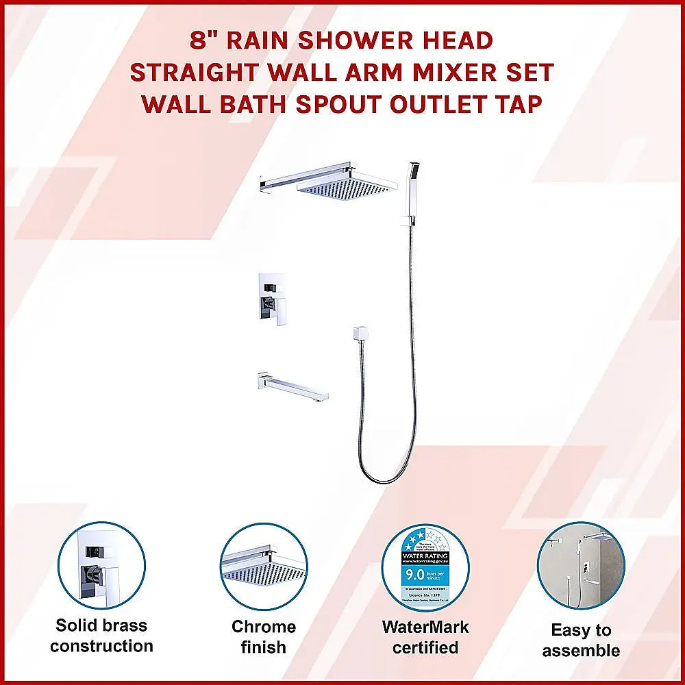 8’’ Rain Shower Head Straight Wall Arm Mixer Set Wall Bath Spout Outlet Tap - Furniture > Bathroom > Shower Heads &