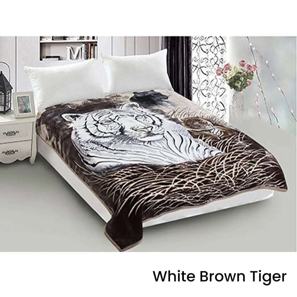 800GSM Luxury Reversible Animal Mink Blanket Queen 200 x 240 cm White Brown Tiger - Home & Garden > Bedding
