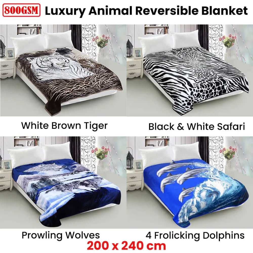 800GSM Luxury Reversible Animal Mink Blanket Queen 200 x 240 cm White Brown Tiger - Home & Garden > Bedding