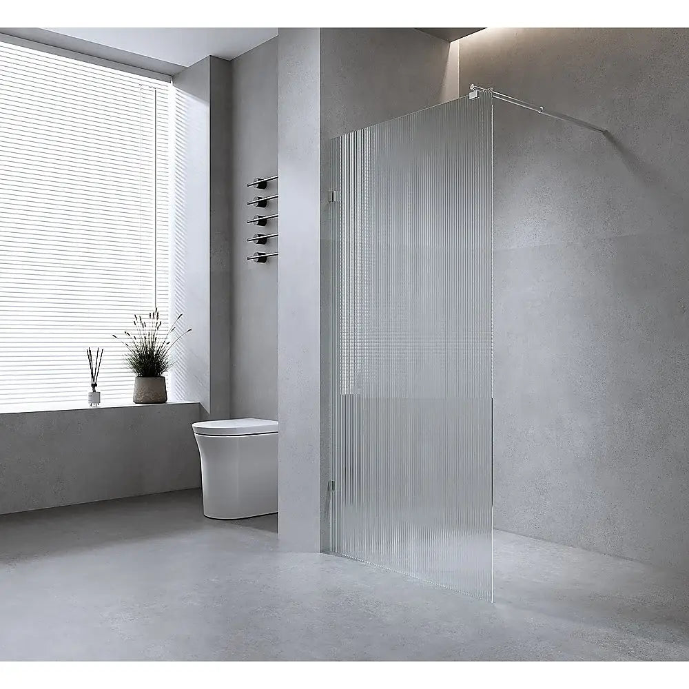 80cm Reeded Single Shower Glass Screen with Gold U-brackets & Square Pole - Furniture > Bathroom > Shower Heads &