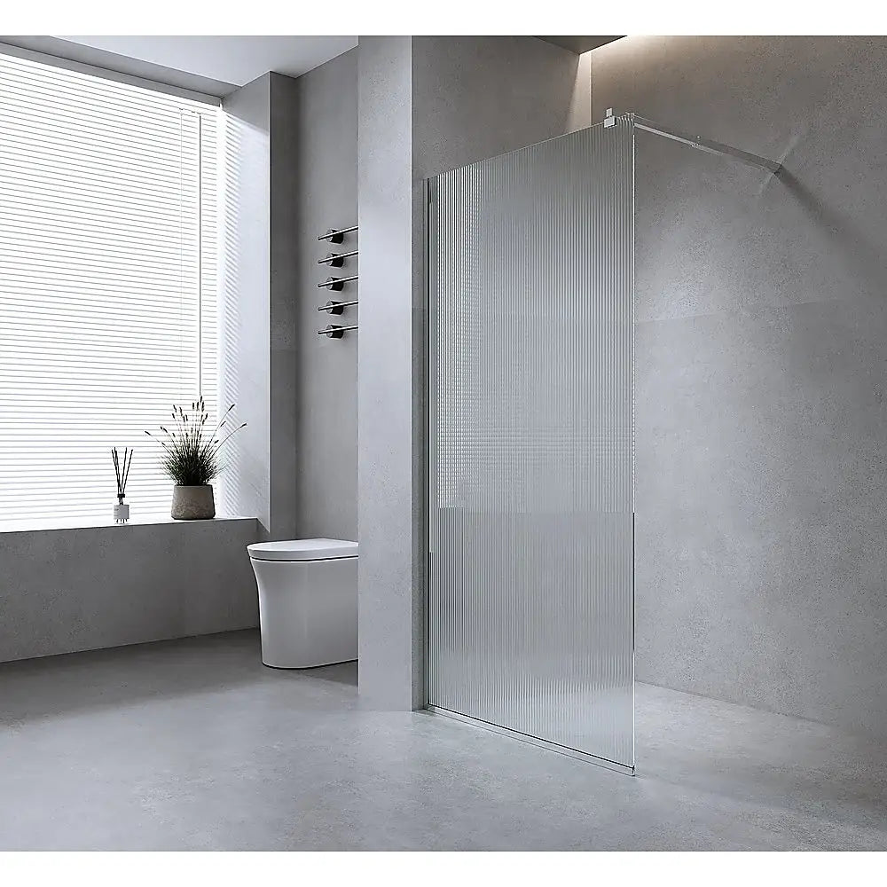 80cm Reeded Single Shower Glass Screen with White Wall Channel & Square Pole - Furniture > Bathroom > Shower Heads &