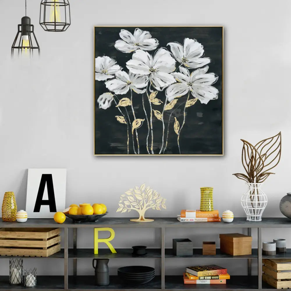 80X80cm Golden Blossoms Gold Framed Hand Painted Canvas Wall Art - Home & Garden > Wall Art