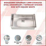 810x505mm Handmade 1.5mm Stainless Steel Undermount / Topmount Kitchen Sink with Square Waste - Furniture > Bathroom >