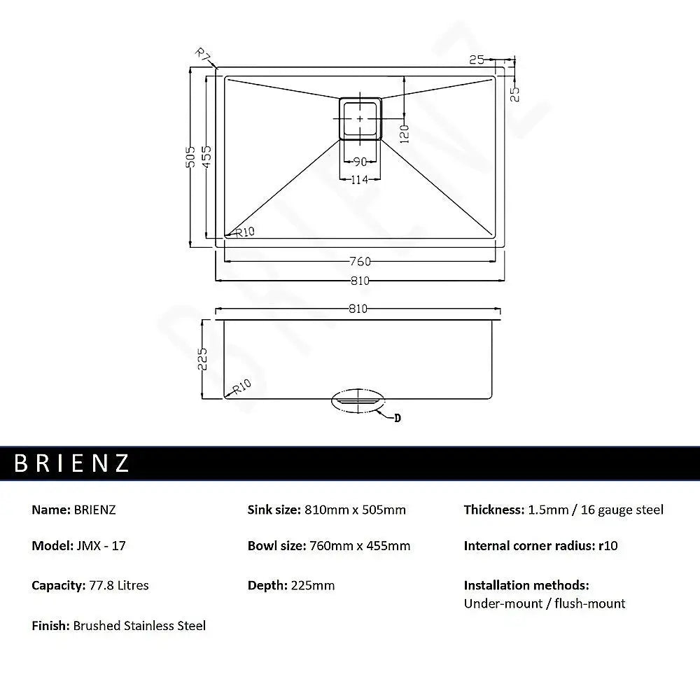 810x505mm Handmade 1.5mm Stainless Steel Undermount / Topmount Kitchen Sink with Square Waste - Furniture > Bathroom >