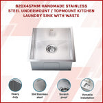 820x457mm Handmade Stainless Steel Undermount / Topmount Kitchen Laundry Sink with Waste - Furniture > Bathroom > Sinks