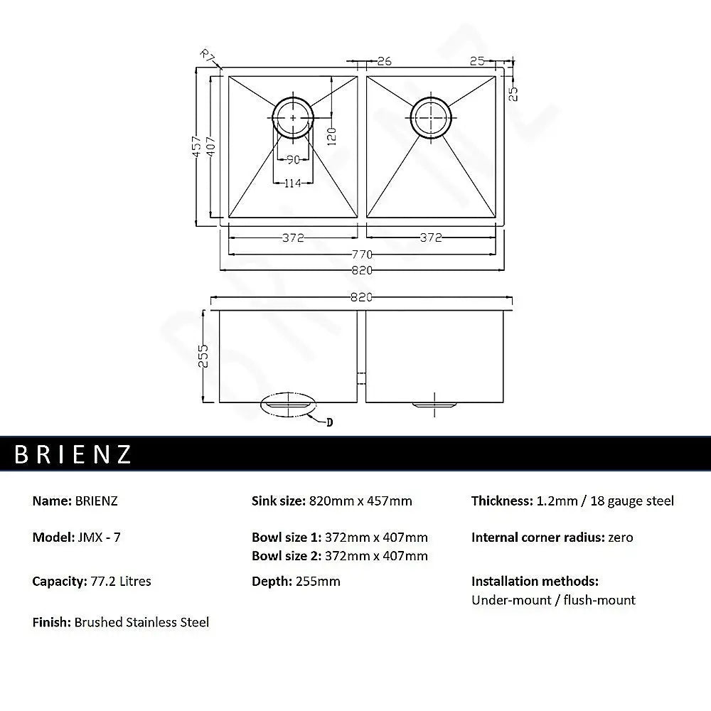 820x457mm Handmade Stainless Steel Undermount / Topmount Kitchen Laundry Sink with Waste - Furniture > Bathroom > Sinks