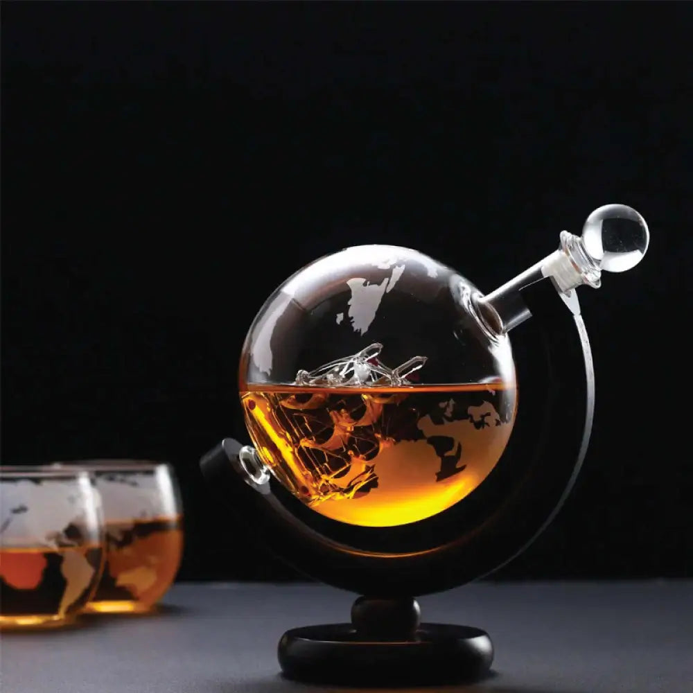 850ml Whiskey or Wine Globe Glass Decanter Set - 2x Glasses + Wooden Stand - Home & Garden > Decor > Vases & Table Decor