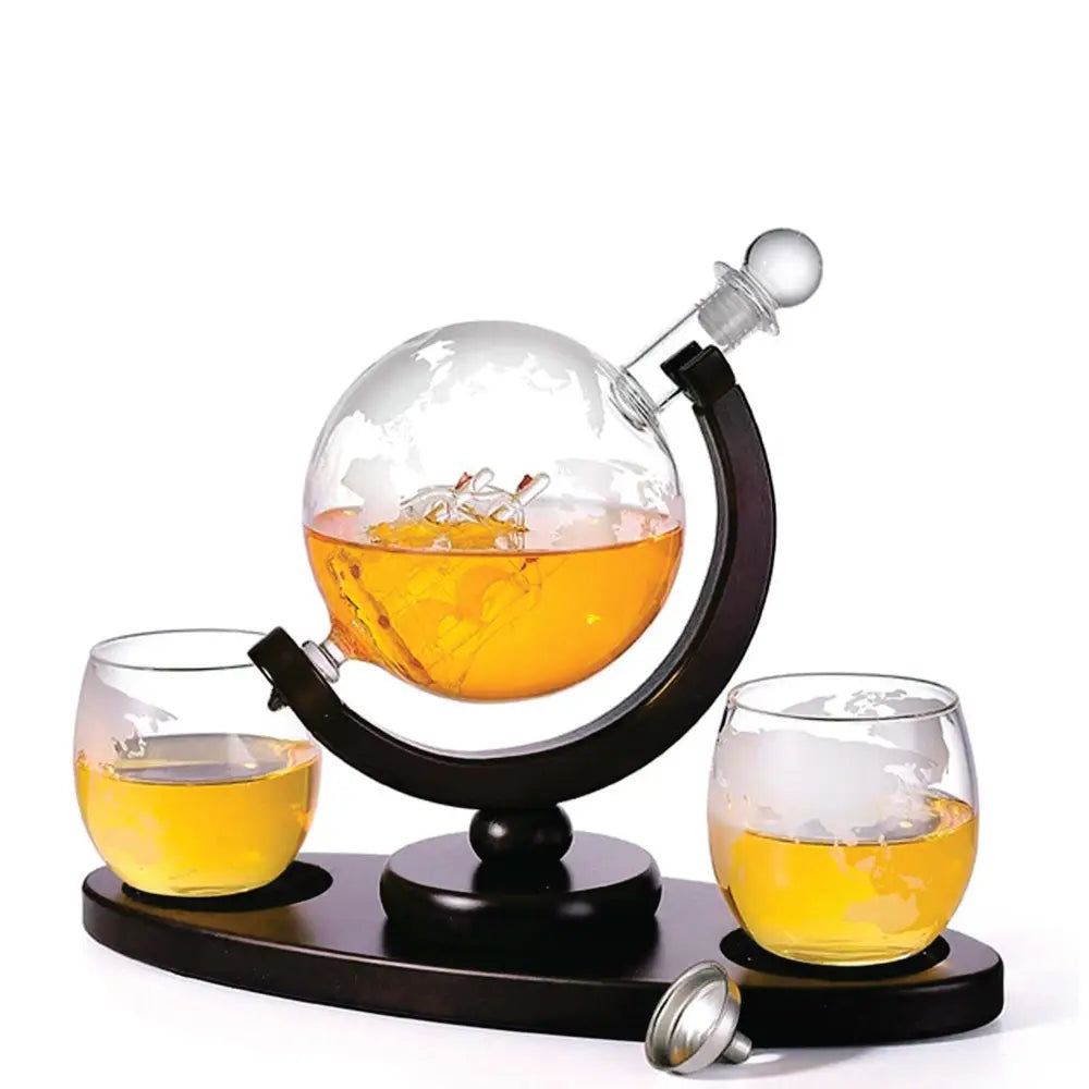 850ml Whiskey or Wine Globe Glass Decanter Set - 2x Glasses + Wooden Stand - Home & Garden > Decor > Vases & Table Decor