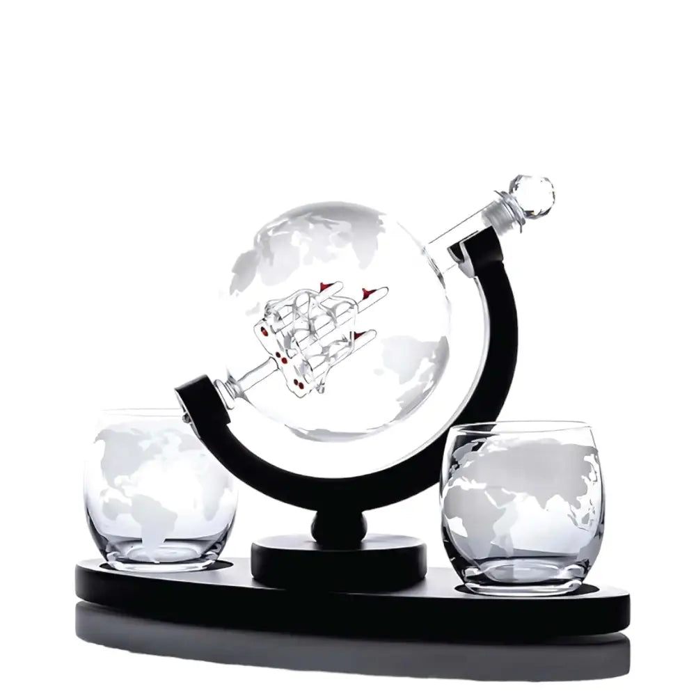 850ml Whiskey or Wine Globe Glass Decanter Set - 2x Glasses + Wooden Stand - Home & Garden > Decor > Vases & Table Decor