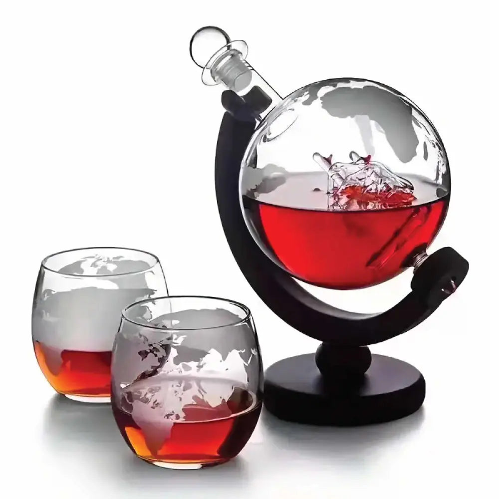850ml Whiskey or Wine Globe Glass Decanter Set - 2x Glasses + Wooden Stand - Home & Garden > Decor > Vases & Table Decor