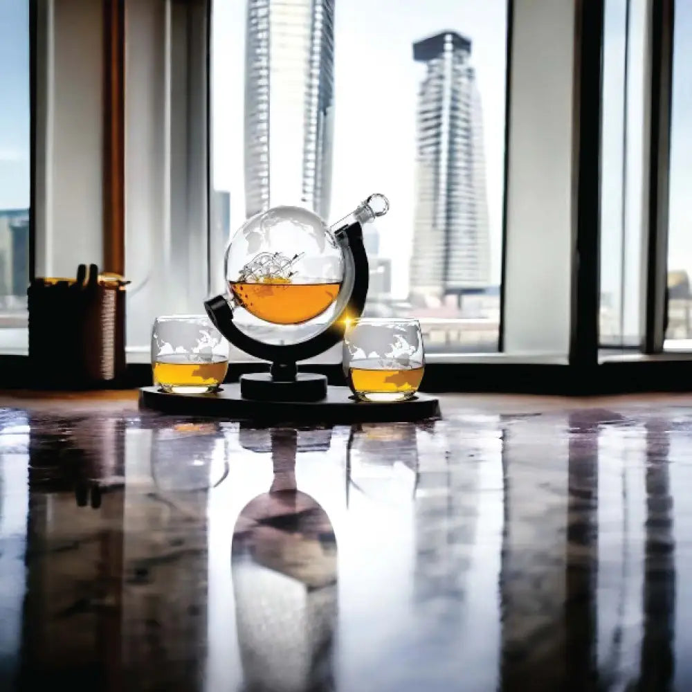 850ml Whiskey or Wine Globe Glass Decanter Set - 2x Glasses + Wooden Stand - Home & Garden > Decor > Vases & Table Decor