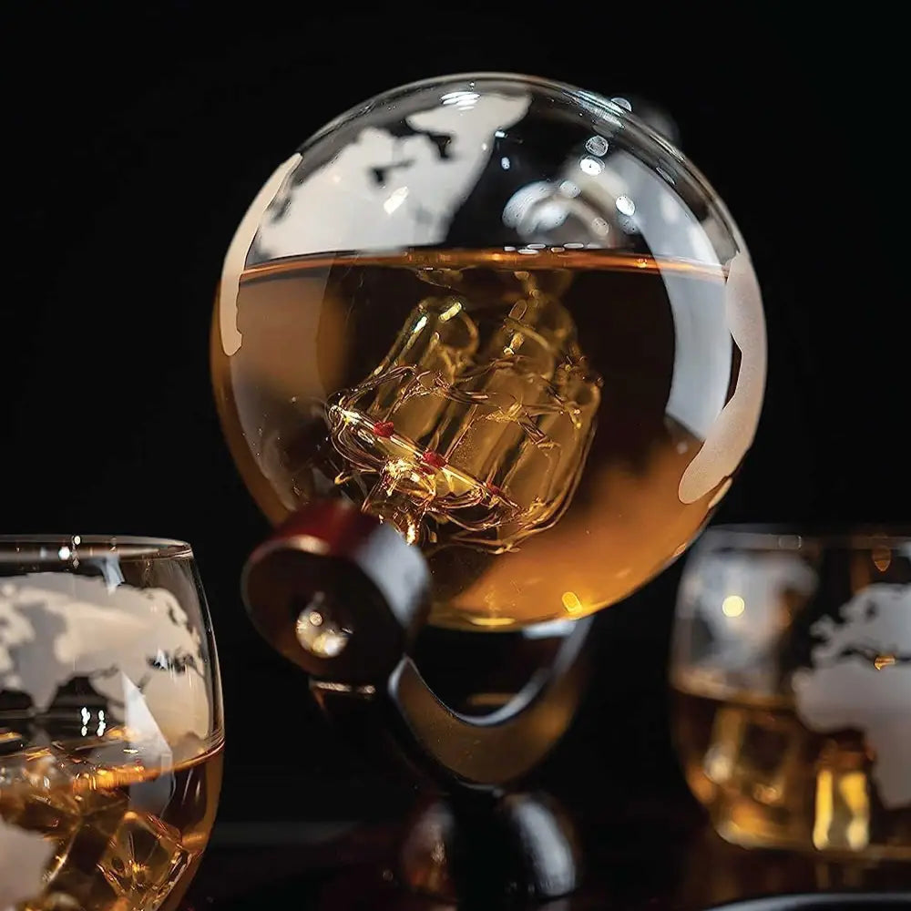 850ml Whiskey or Wine Globe Glass Decanter Set - 2x Glasses + Wooden Stand - Home & Garden > Decor > Vases & Table Decor