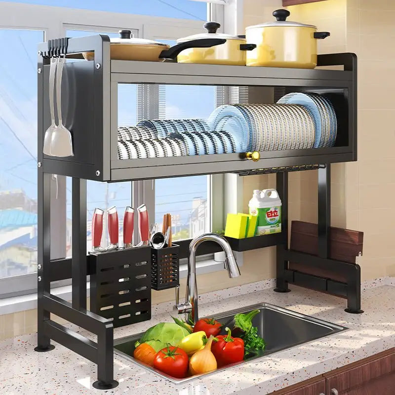 85cm Double Tier Enclosed Dish Drying Rack Holder Drain Kitchen Drainer Storage Over Sink Organiser Storage - Home &