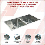 865x440mm Handmade Stainless Steel Undermount / Topmount Kitchen Sink with Waste - Furniture > Bathroom > Sinks