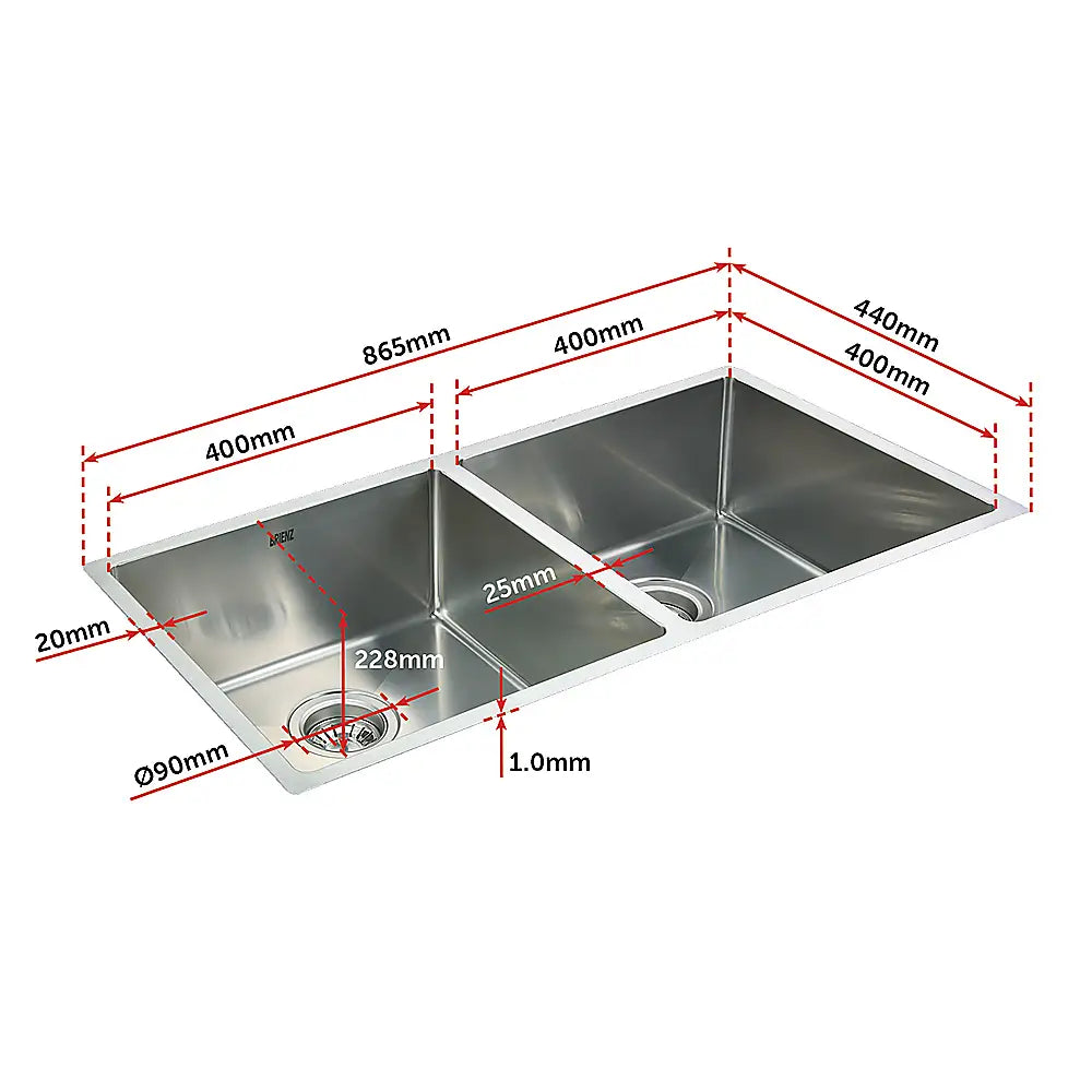 865x440mm Handmade Stainless Steel Undermount / Topmount Kitchen Sink with Waste - Furniture > Bathroom > Sinks