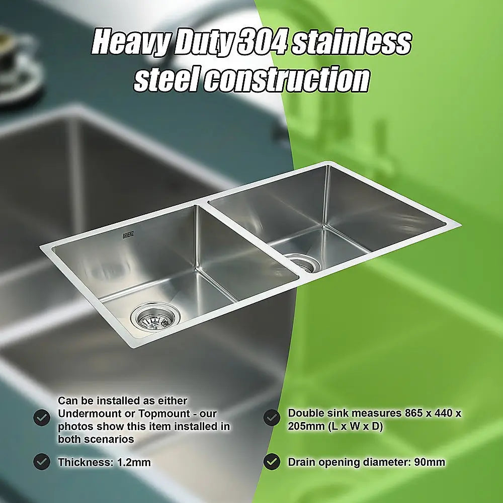 865x440mm Handmade Stainless Steel Undermount / Topmount Kitchen Sink with Waste - Furniture > Bathroom > Sinks