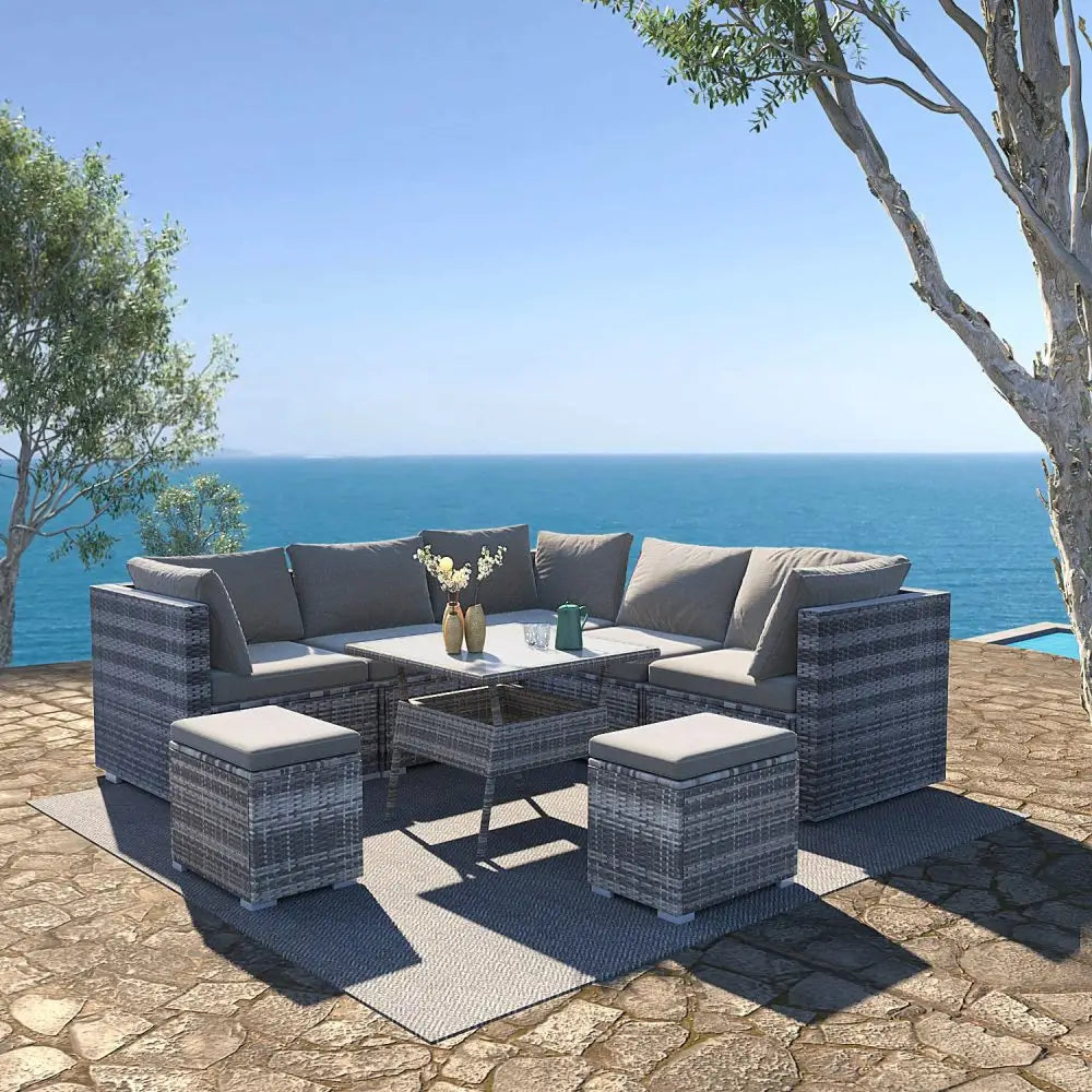 8PC Outdoor Dining Set Wicker Table & Chairs-Grey - Furniture > Outdoor
