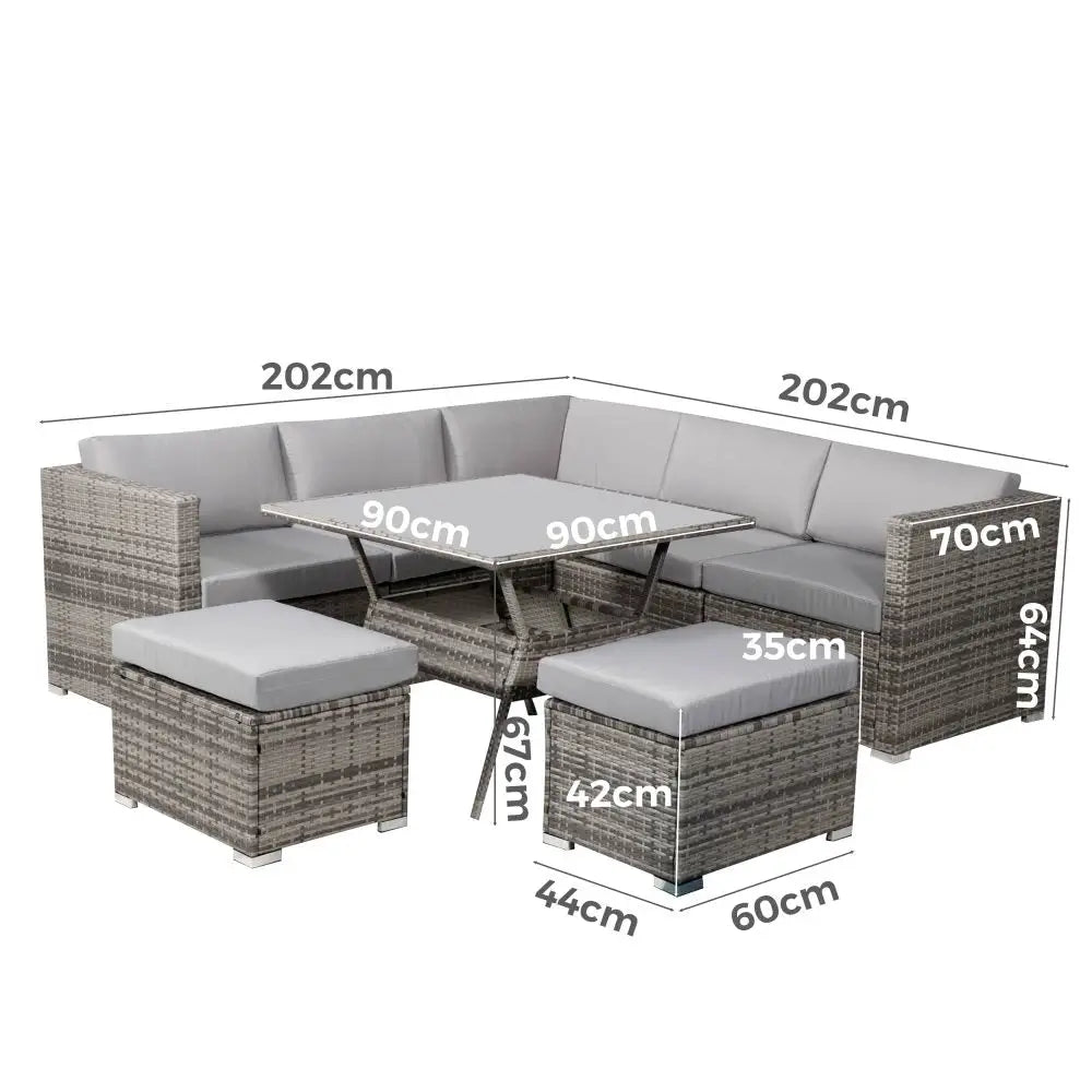 8PC Outdoor Dining Set Wicker Table & Chairs-Grey - Furniture > Outdoor