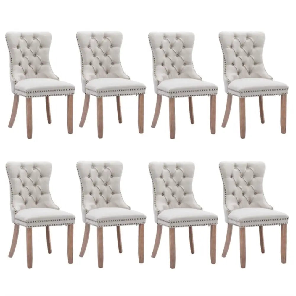 8x AADEN Modern Elegant Button-Tufted Upholstered Fabric with Studs Trim and Wooden legs Dining Side Chair-Beige