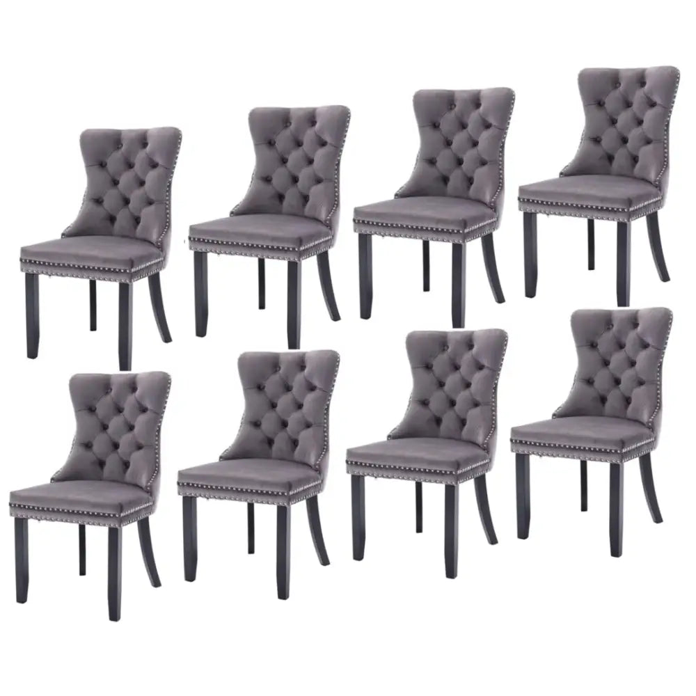8x Velvet Dining Chairs Upholstered Tufted Kithcen Chair with Solid Wood Legs Stud Trim and Ring-Gray - Furniture > Bar