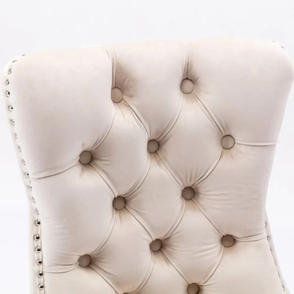 8x Velvet Dining Chairs Upholstered Tufted Kithcen Chair with Solid Wood Legs Stud Trim and Ring-Beige - Furniture >