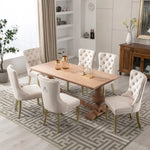 8x Velvet Dining Chairs Upholstered Tufted Kithcen Chair with Solid Wood Legs Stud Trim and Ring-Beige - Furniture >