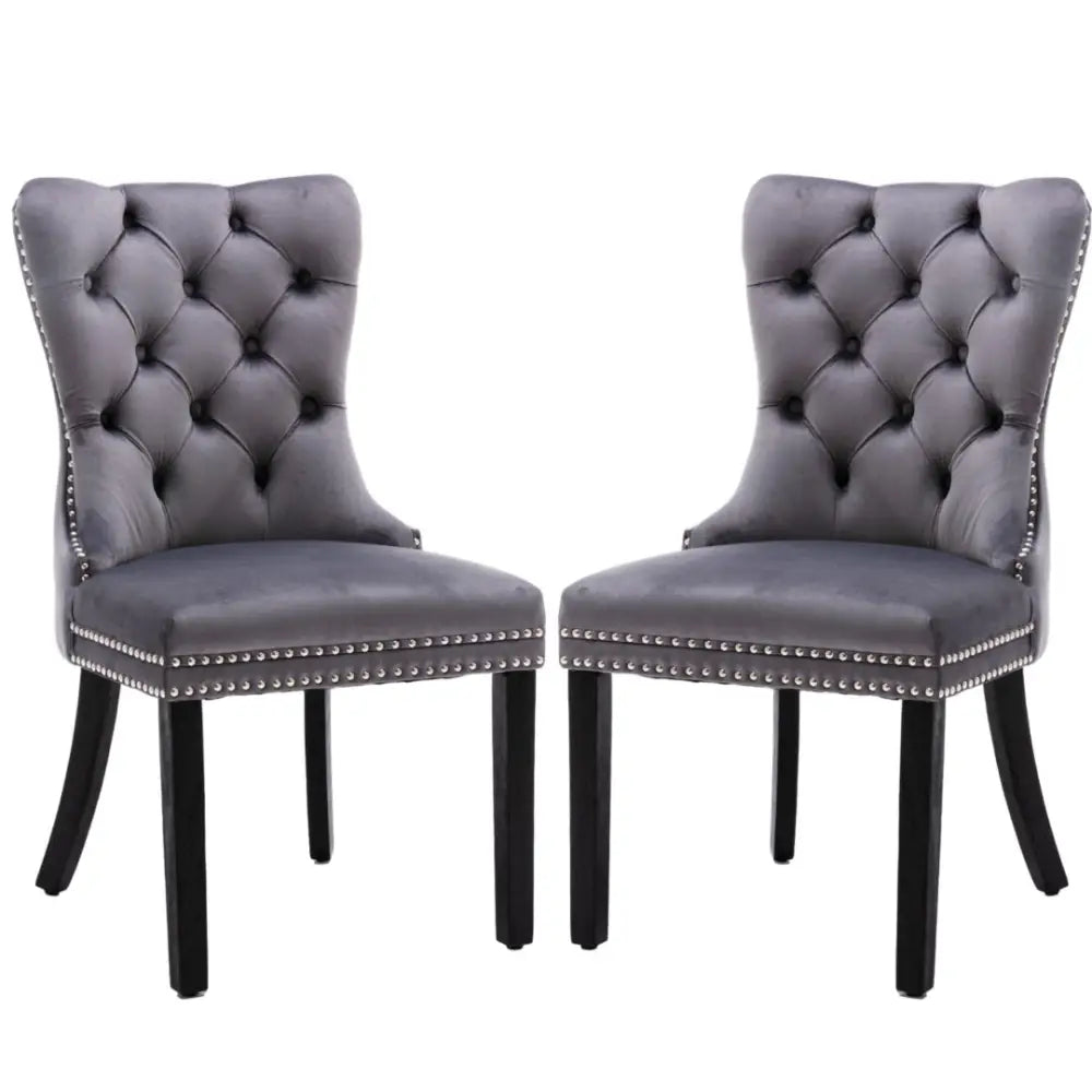 8x Velvet Dining Chairs Upholstered Tufted Kithcen Chair with Solid Wood Legs Stud Trim and Ring-Gray - Furniture > Bar