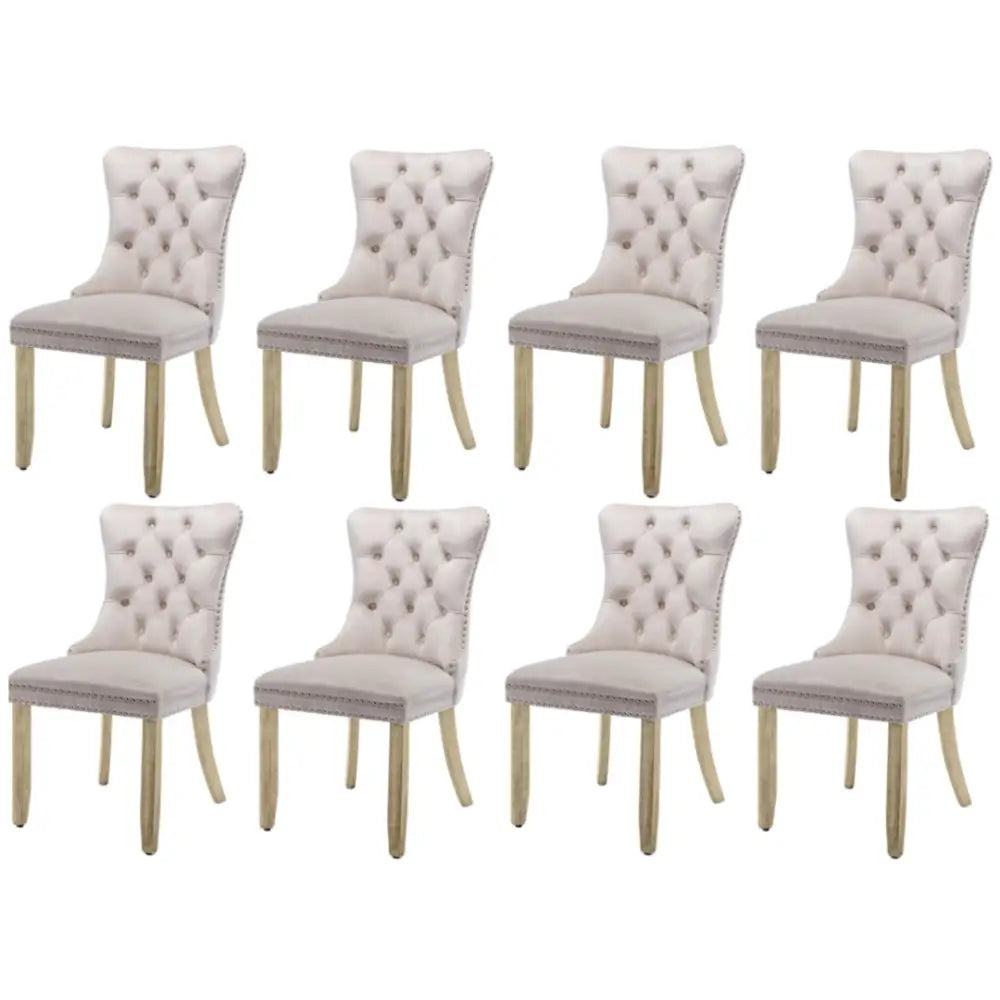 8x Velvet Dining Chairs Upholstered Tufted Kithcen Chair with Solid Wood Legs Stud Trim and Ring-Beige - Furniture >