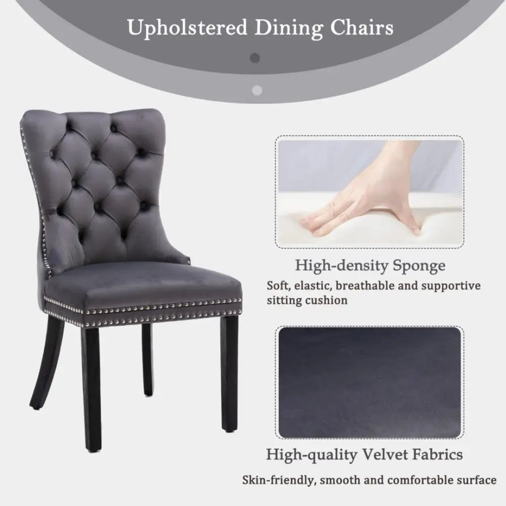 8x Velvet Dining Chairs Upholstered Tufted Kithcen Chair with Solid Wood Legs Stud Trim and Ring-Gray - Furniture > Bar