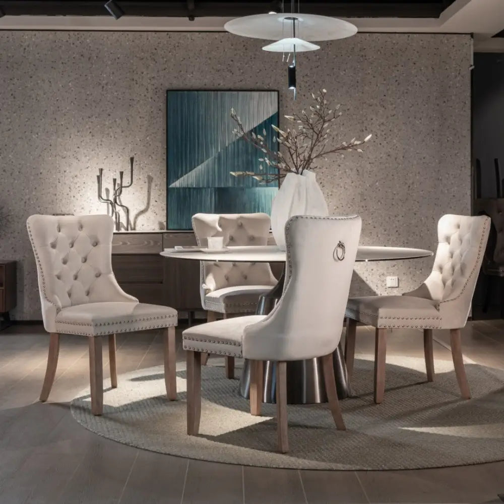 8x Velvet Dining Chairs Upholstered Tufted Kithcen Chair with Solid Wood Legs Stud Trim and Ring-Beige - Furniture >