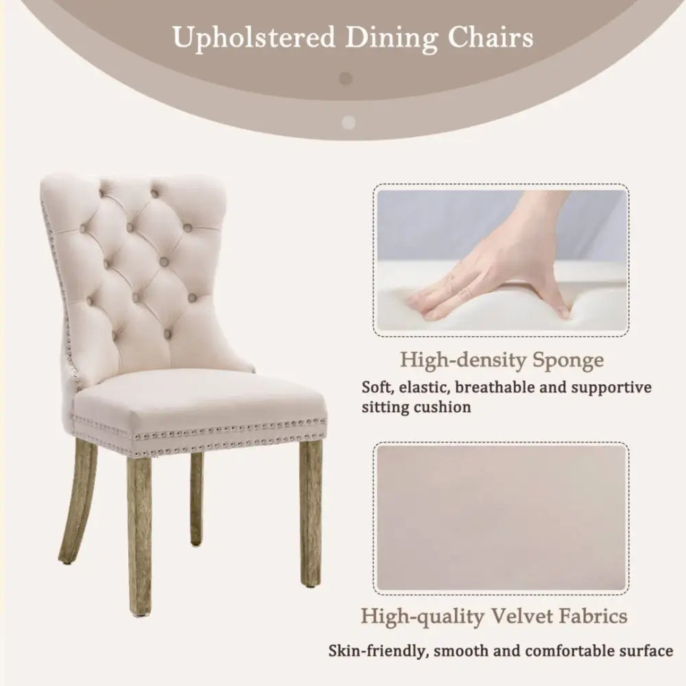 8x Velvet Dining Chairs Upholstered Tufted Kithcen Chair with Solid Wood Legs Stud Trim and Ring-Beige - Furniture >