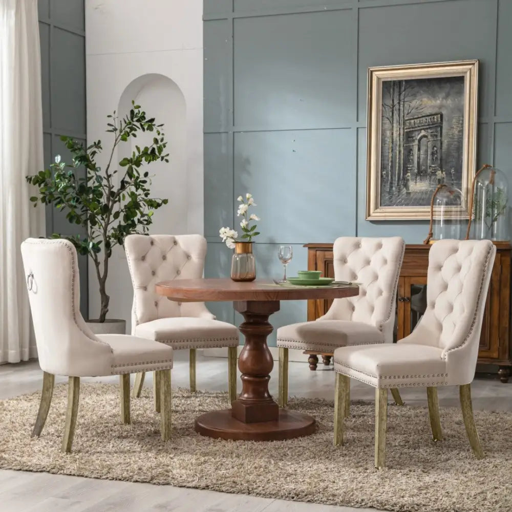 8x Velvet Dining Chairs Upholstered Tufted Kithcen Chair with Solid Wood Legs Stud Trim and Ring-Beige - Furniture >