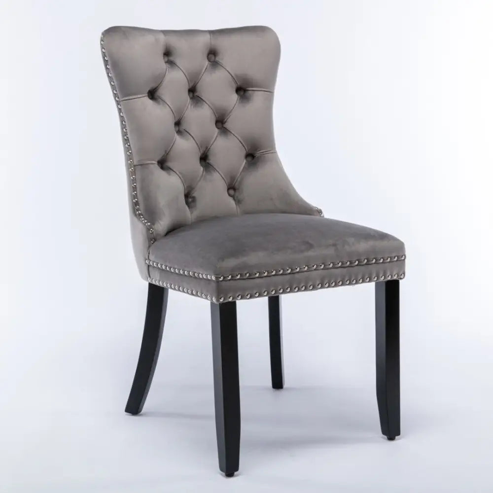 8x Velvet Dining Chairs Upholstered Tufted Kithcen Chair with Solid Wood Legs Stud Trim and Ring-Gray - Furniture > Bar