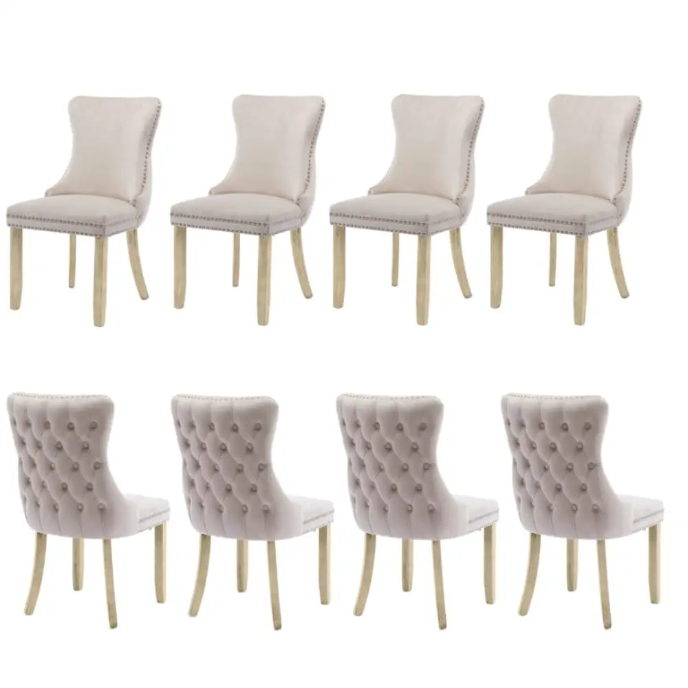 8x Velvet Upholstered Dining Chairs Tufted Wingback Side Chair with Studs Trim Solid Wood Legs for Kitchen - Furniture