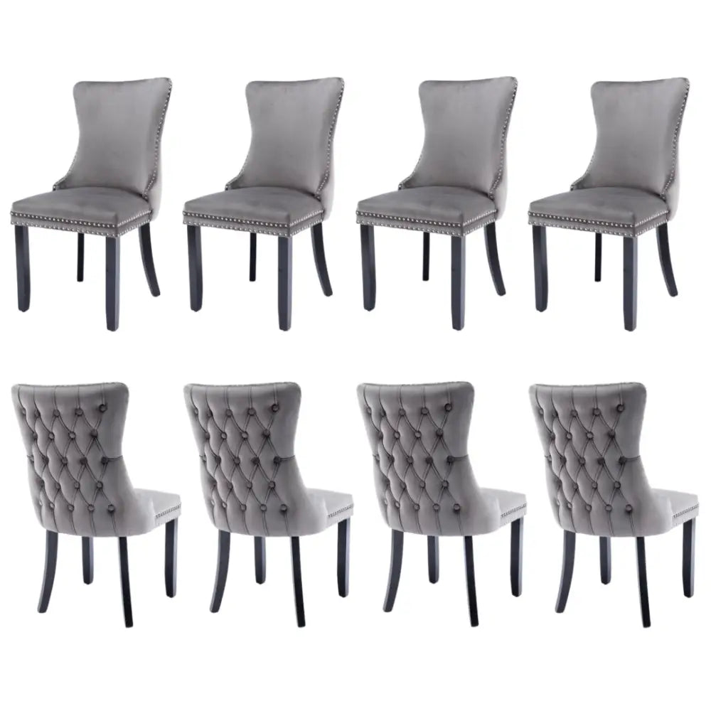 8x Velvet Upholstered Dining Chairs Tufted Wingback Side Chair with Studs Trim Solid Wood Legs for Kitchen - Furniture