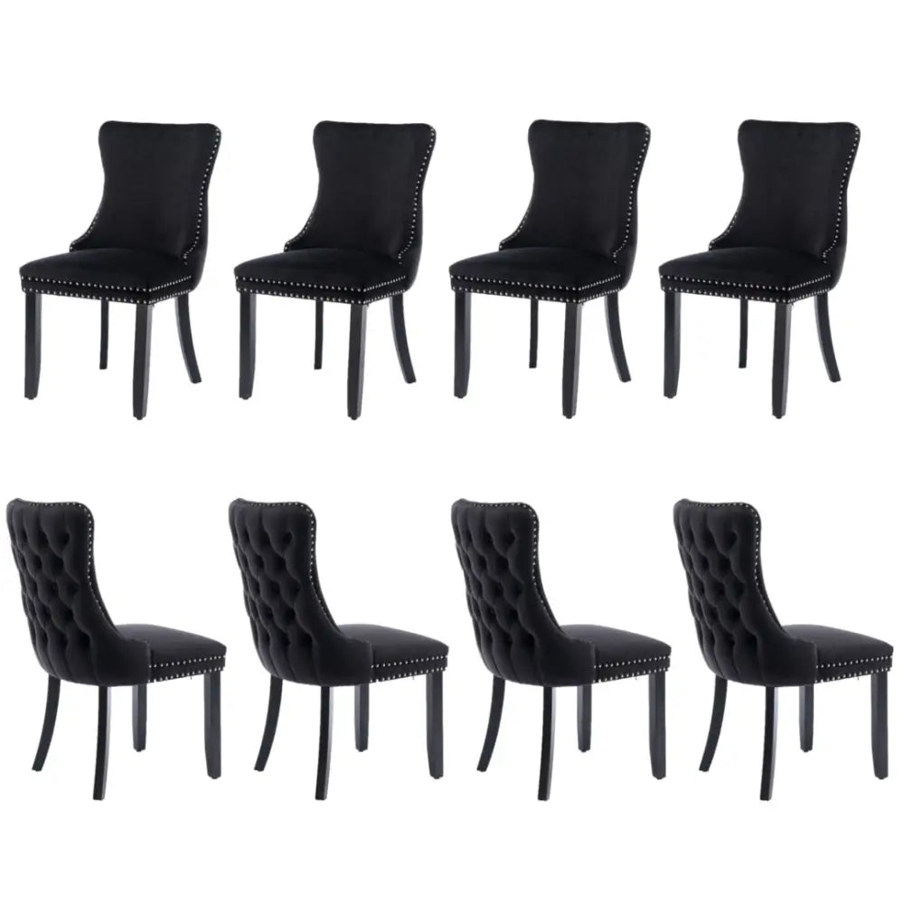8x Velvet Upholstered Dining Chairs Tufted Wingback Side Chair with Studs Trim Solid Wood Legs for Kitchen - Furniture