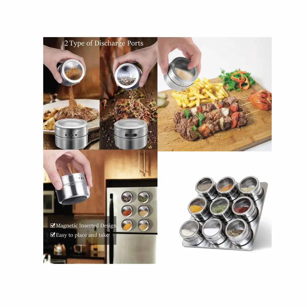 9 Magnetic Spice Jar Tins and Steel Rack - 150g Seasoning Storage Containers - Home & Garden > Kitchenware > Food