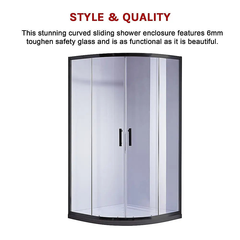 90 x 90cm Black Rounded Sliding 6mm Curved Shower Screen with White Base - Furniture > Bathroom > Shower Heads & Screens